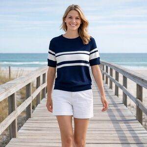 Mersea Navy & White Stripe Short Sleeve Sweater Sz L Coastal Nautical Preppy